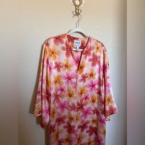 Vintage Lejaby Saks Fifth Avenue Retro Floral Silk Kaftan Dress‎ Sz Small Pink